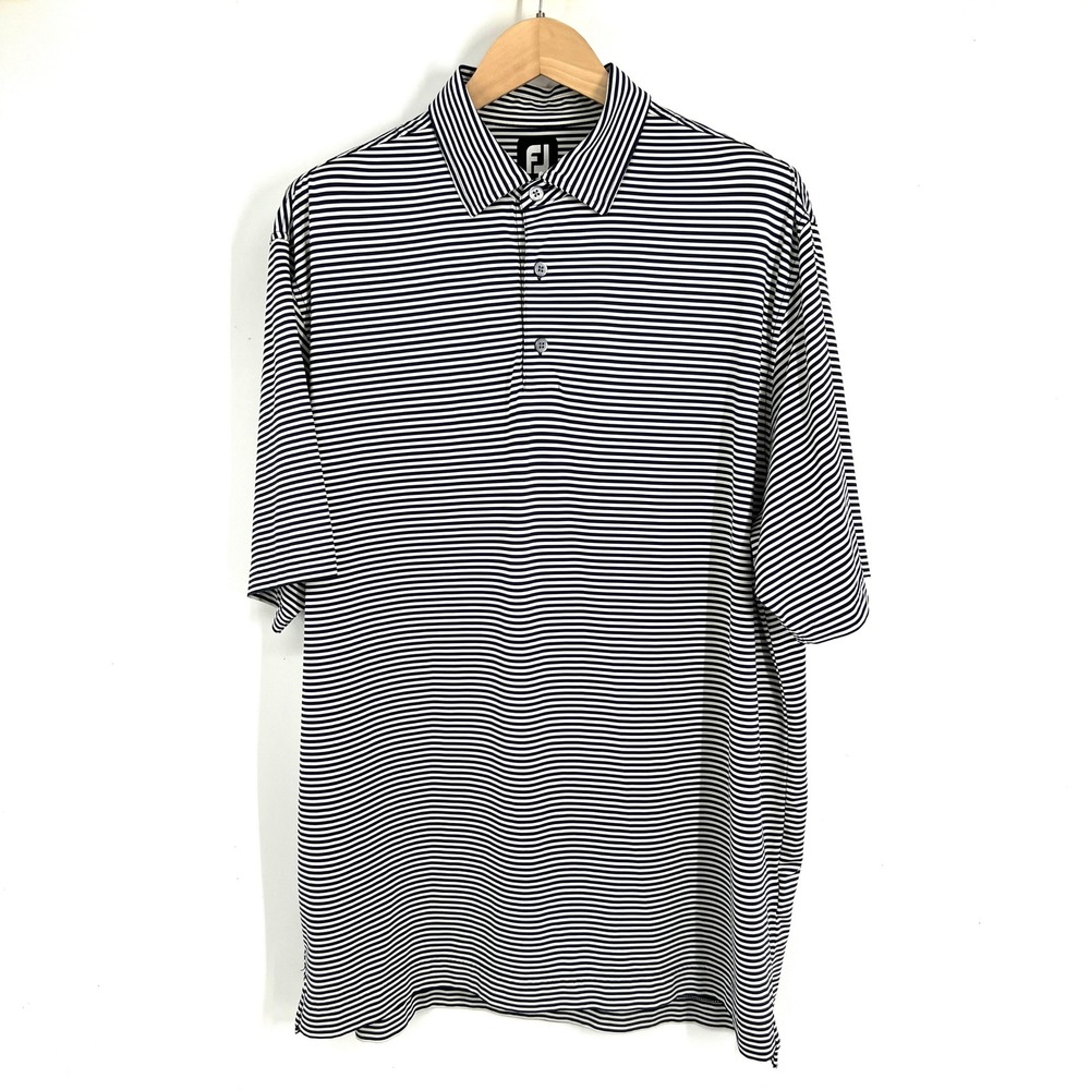 FootJoy Mens XL Navy Blue White Striped Performance Golf Polo Shirt 1094209